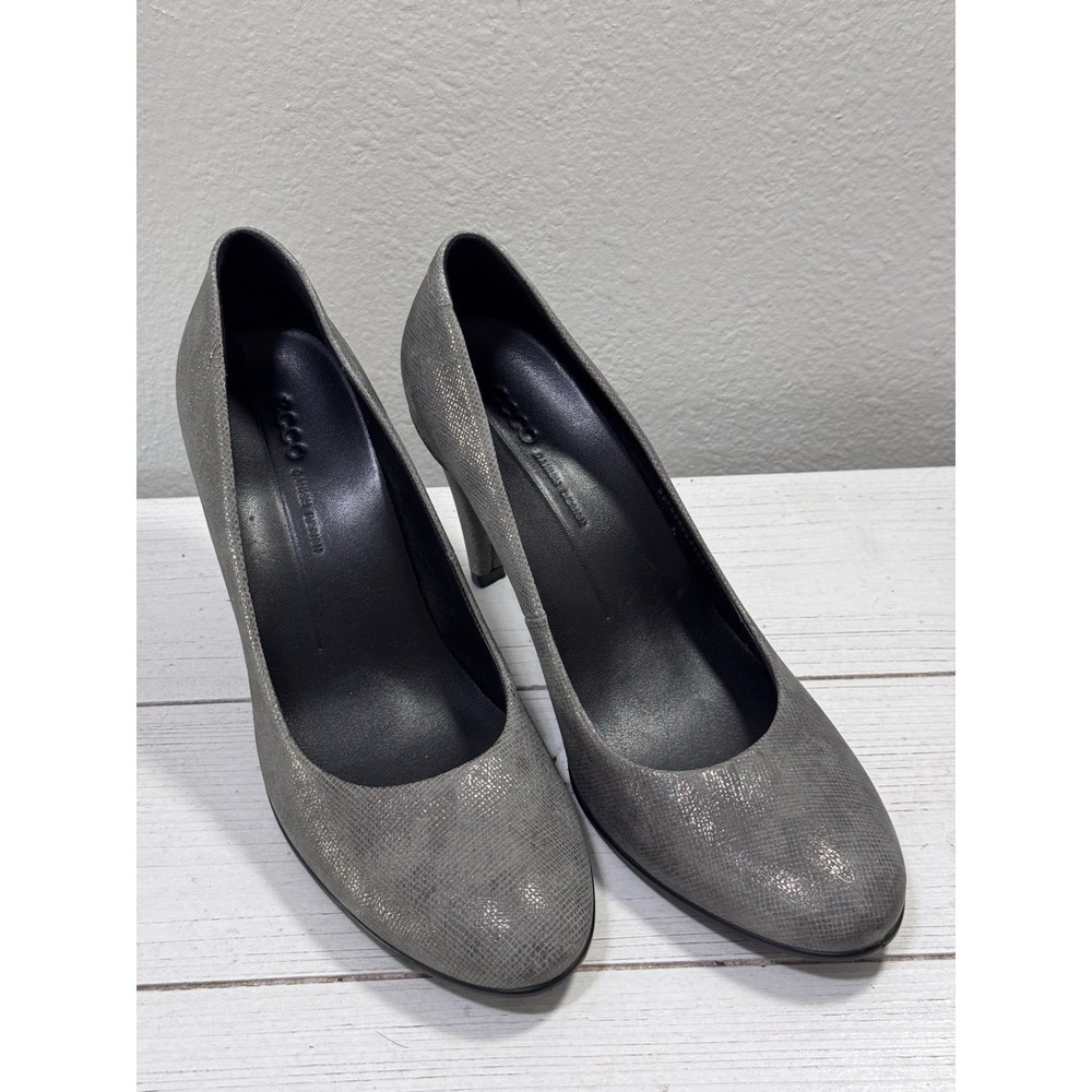 ECCO Sculptured Metallic Silver Pewter Leather Pumps Heels EU 38 US 7-7.5 EUC